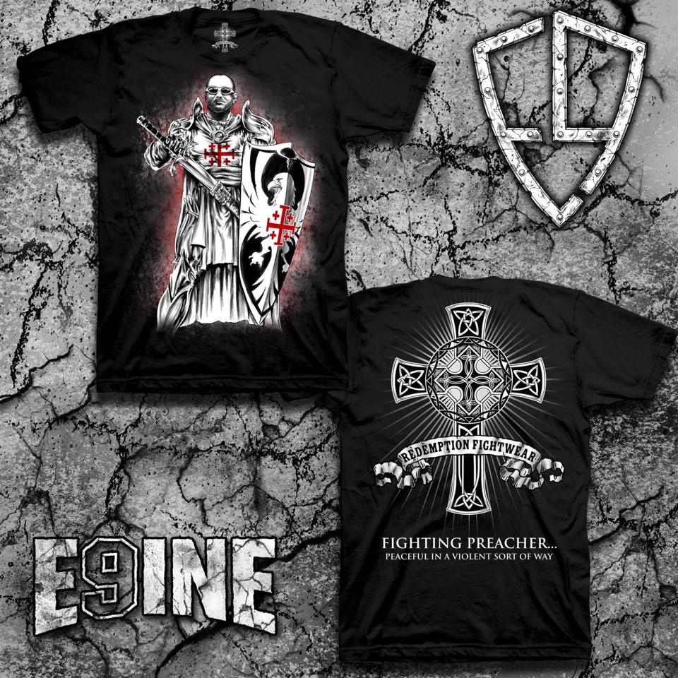 Redemption Fightwear — Fighting Preacher t-shirt featuring the warrior in armor with Jerusalem cross and eagle shield